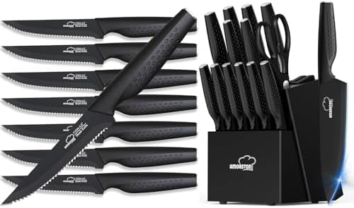 15-Piece Block Set and 8 Steak Knives, Plain Black